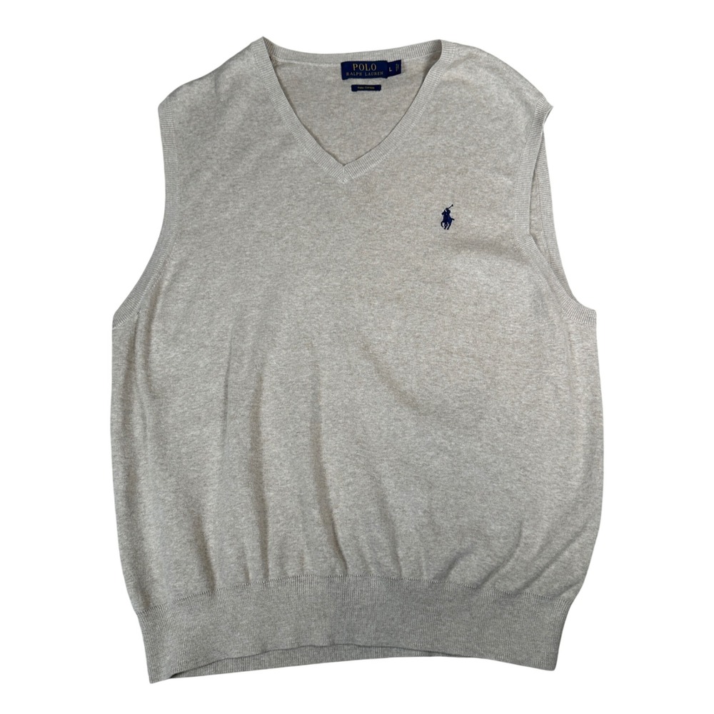 Polo Ralph Lauren Mens Large Tan Pima Cotton V-Neck Sweater Vest Heather Beige‎